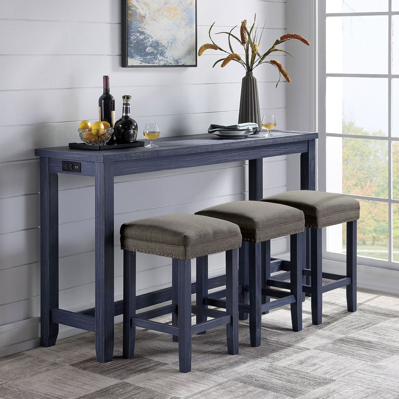 Caerleon – 4 Piece Counter Height Table Set – Antique Blue / Gray