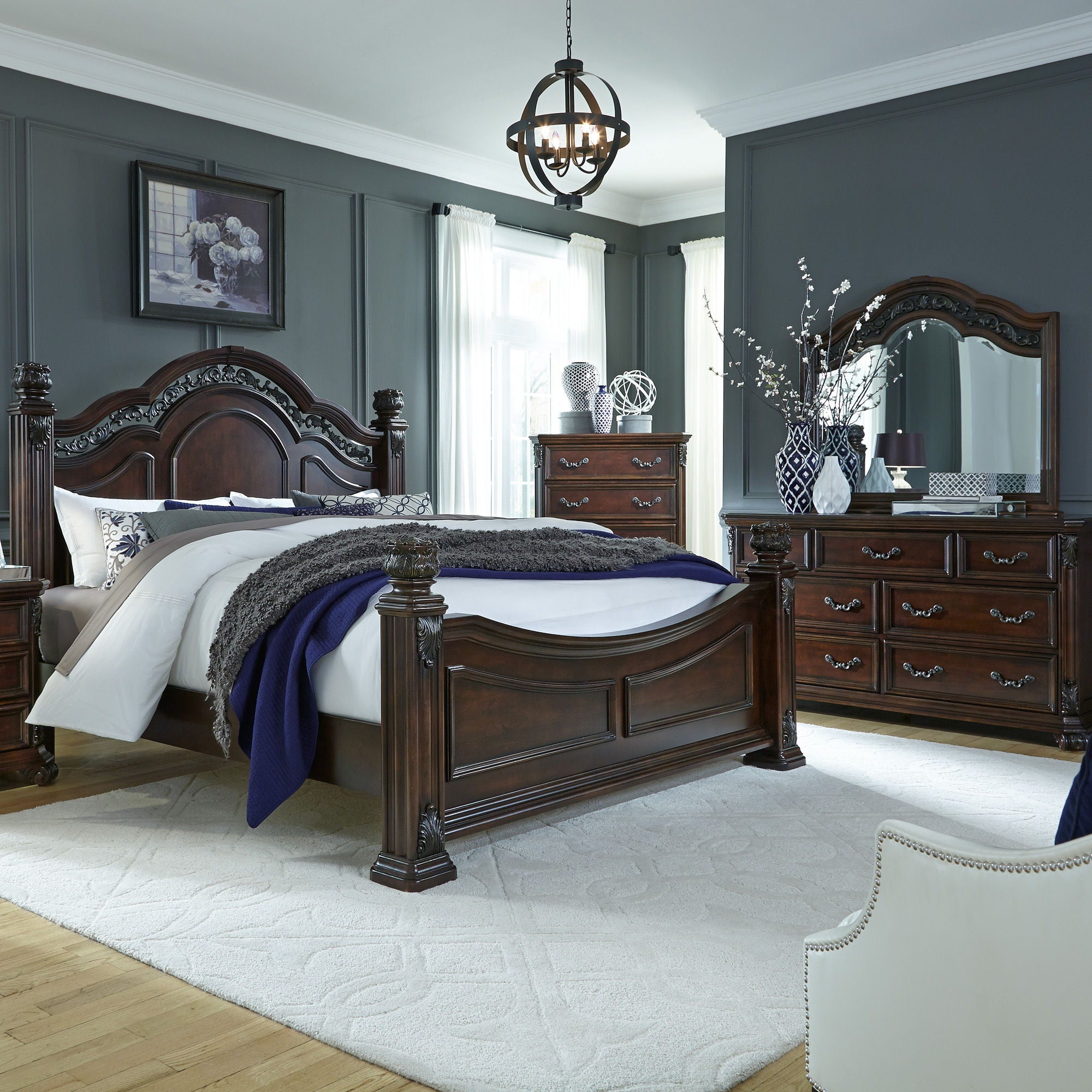 Liberty Furniture Messina Estates – 3 Piece Bedroom Set (Queen Poster Bed, Dresser & Mirror) – Dark Brown