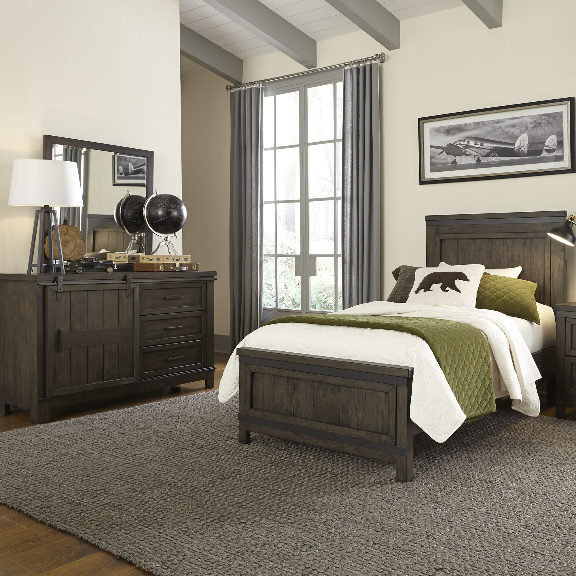 Liberty Furniture Thornwood Hills – 3 Piece Bedroom Set (Twin Panel Bed, Dresser & Mirror) – Dark Gray