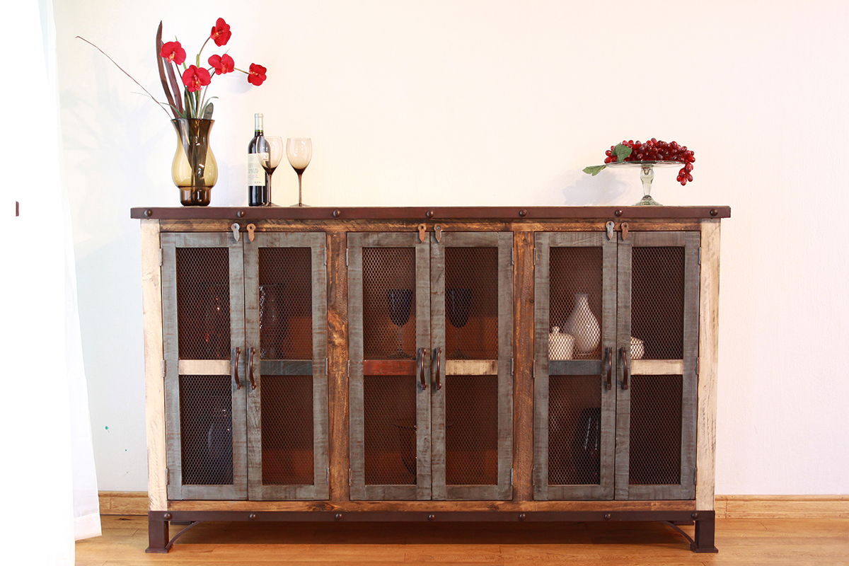 International Furniture Direct Antique – Multicolor 6 Iron Mesh Doors Console / Buffet