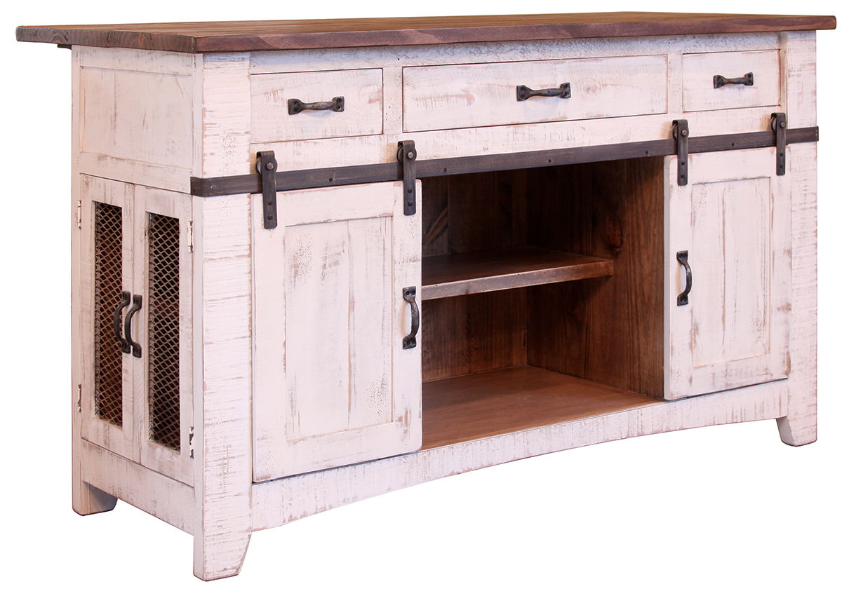 International Furniture Direct Pueblo White – Kitchen Island With 3 Drawer / 2 Sliding Doors / 2 Mesh Doors