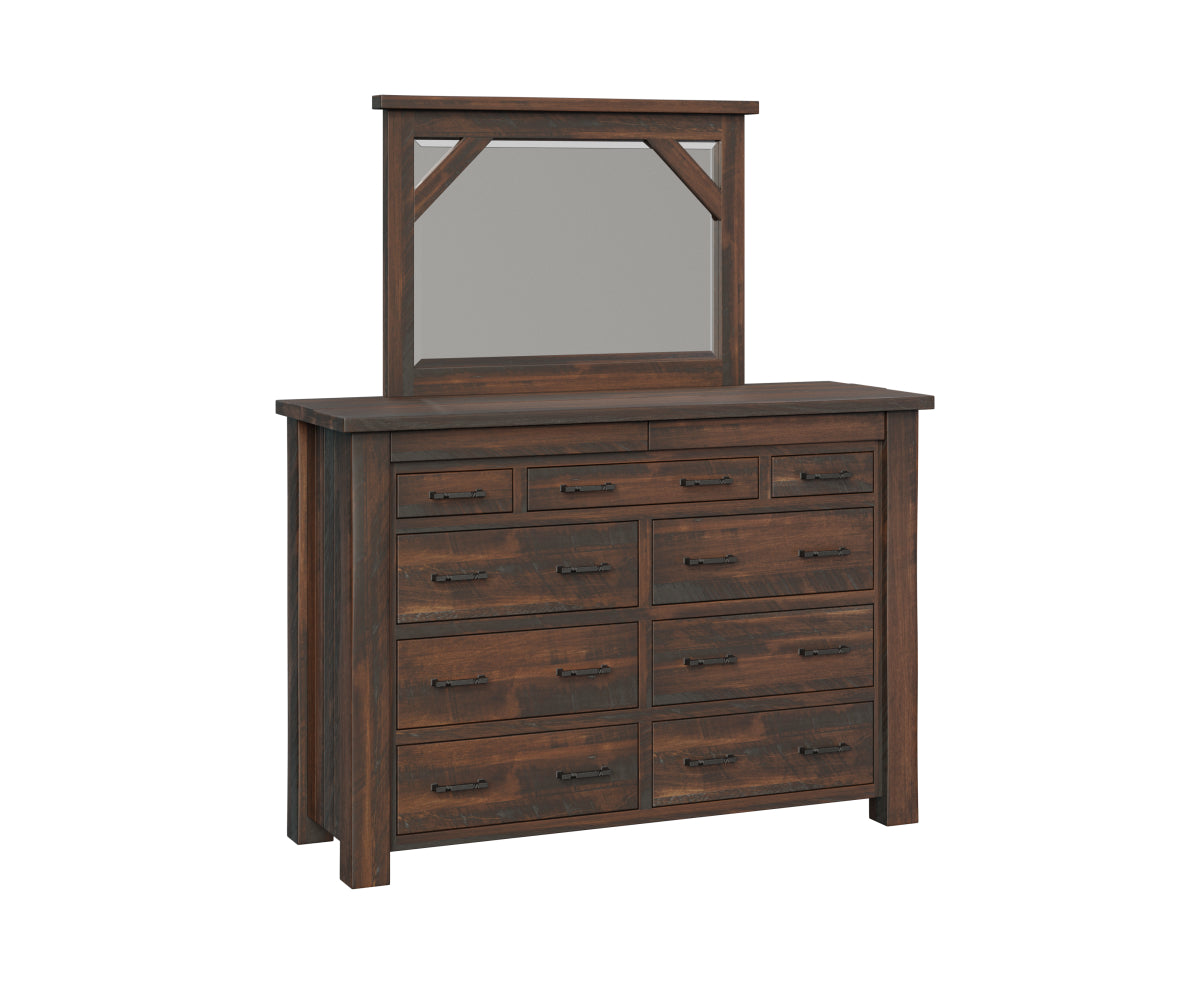 Schrocks Furniture Portland 9 Drawer Mule Dresser – Roughsawn Brown Maple: FC Earthtone, Add Mirror Earthtone