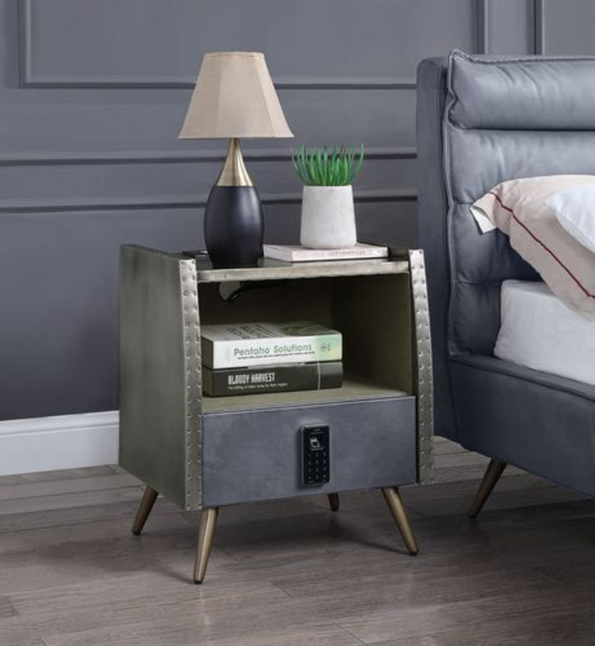 Doris – Nightstand – Gray Top Grain Leather & Aluminum