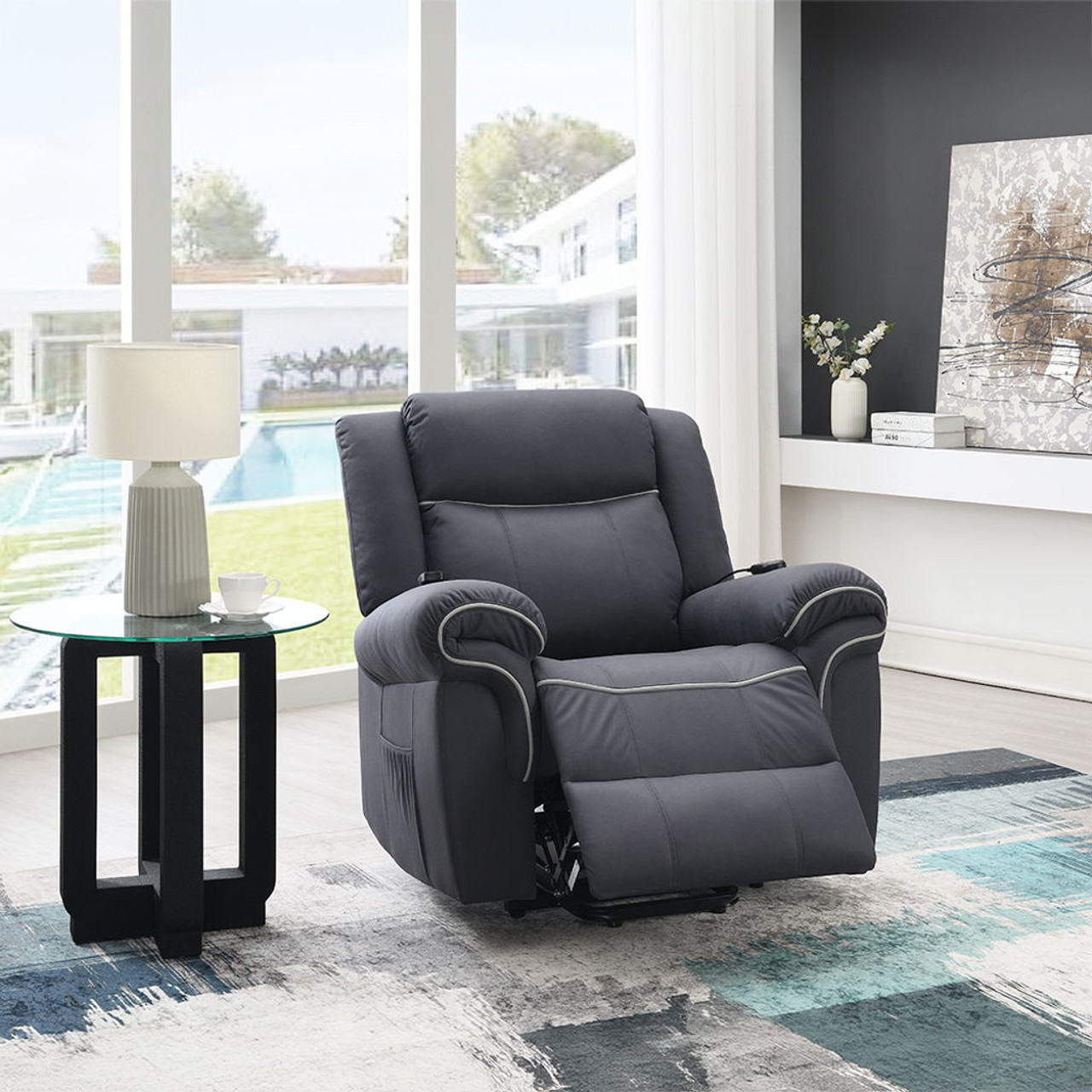 Domana – Power Recliner With Lift & Heating & Massage – Dark Blue Fabric