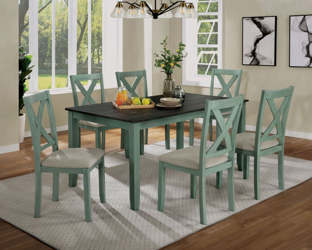 Anya – 7 Piece Dining Table Set – Distressed Teal / Distressed Gray