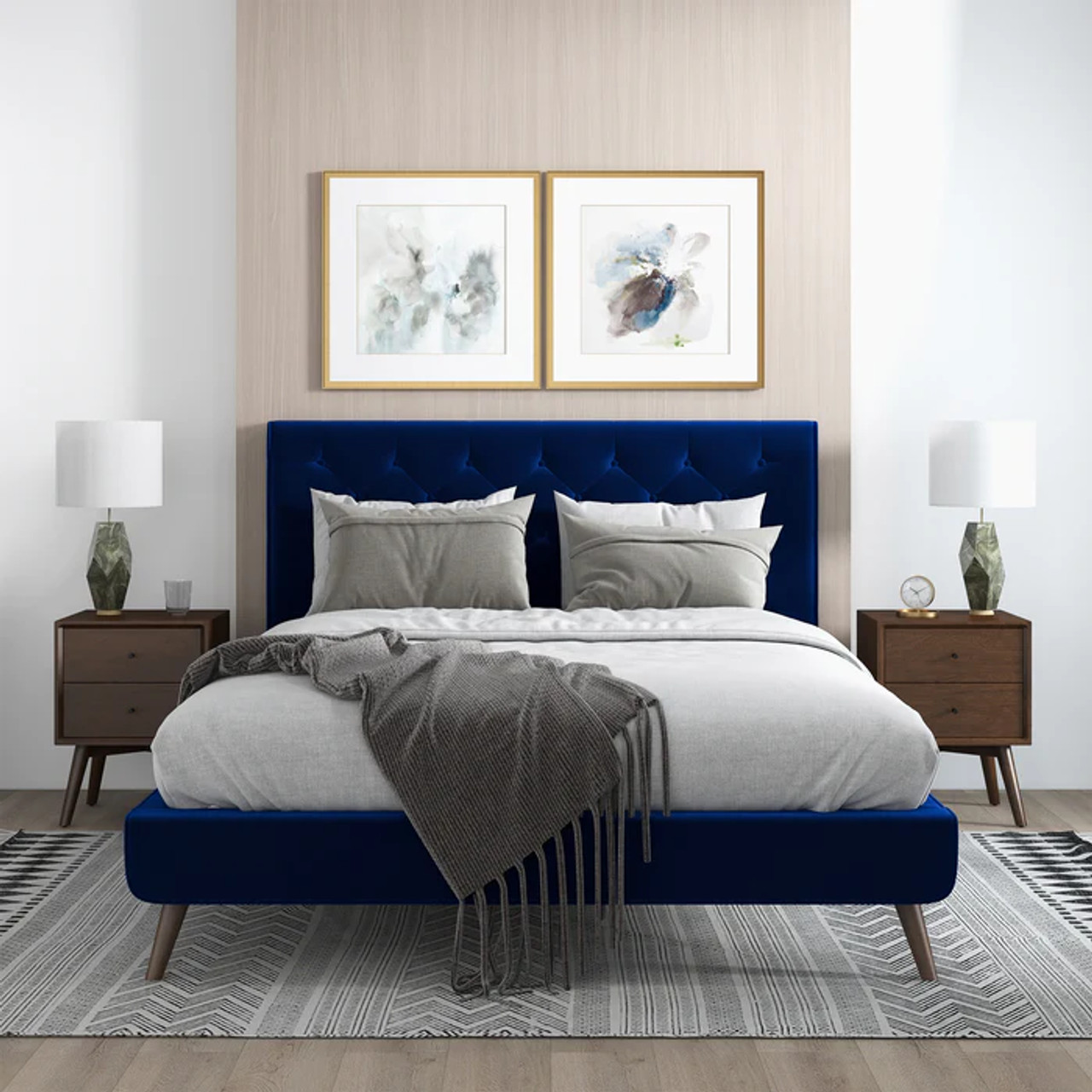 Dillon Blue Velvet Platform Bed Queen Size