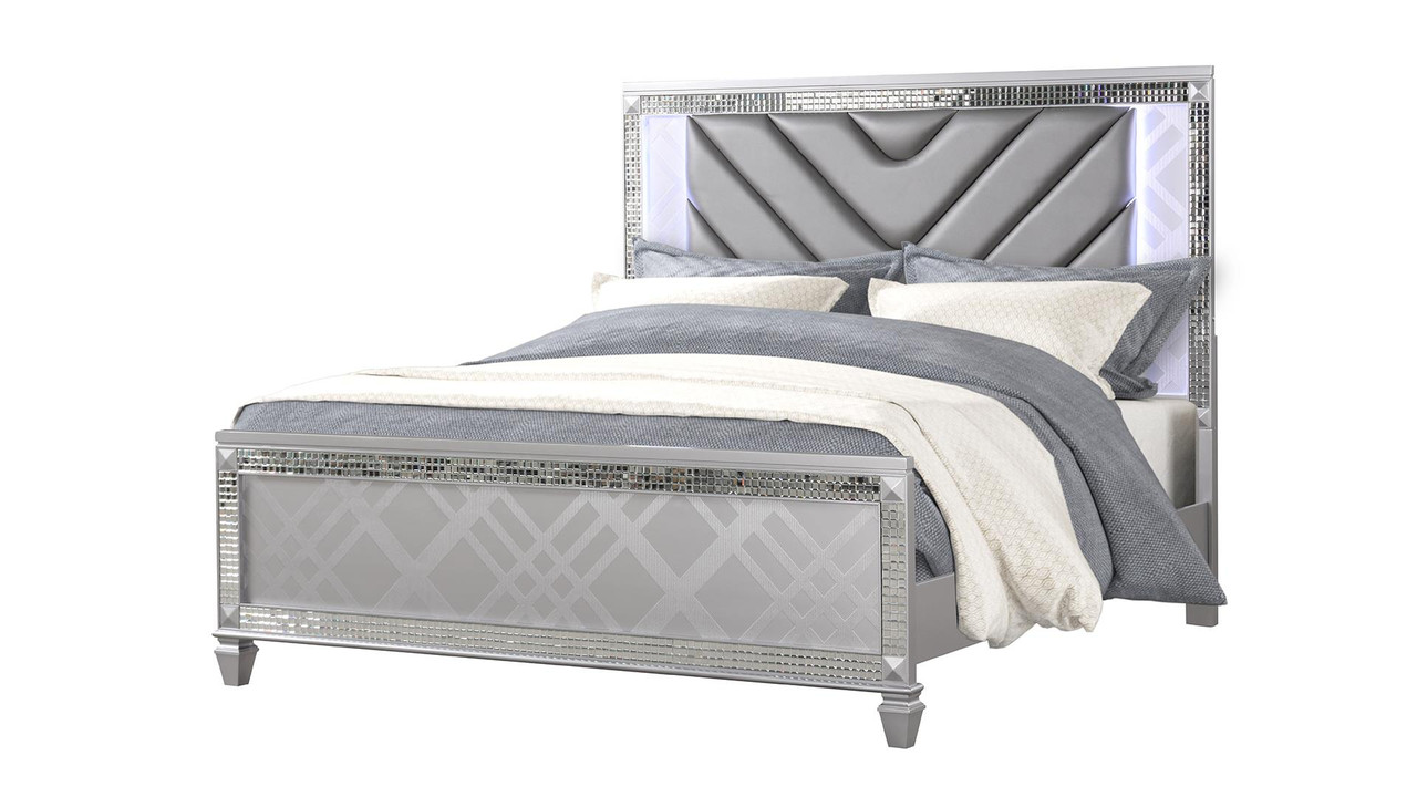 Lydia Leather Upholstered Bed in Silver