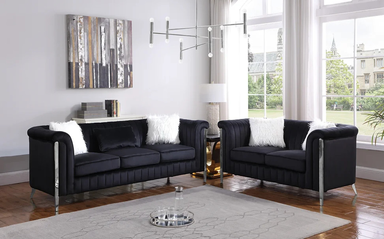 Fara Black Sofa and Loveseat Set in Velvet