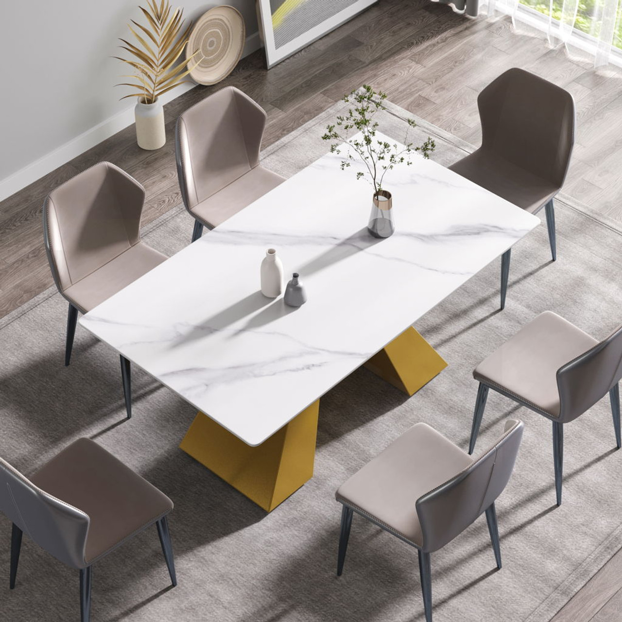 63″ Modern Artificial Stone Straight Edge Golden Metal Leg Dining Table – White / Gold