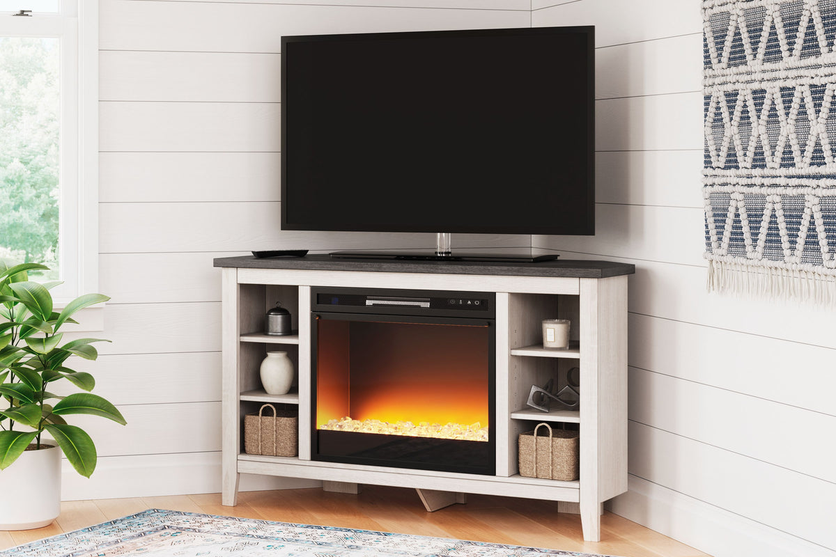 Dorrinson – Corner TV Stand With Fireplace Insert