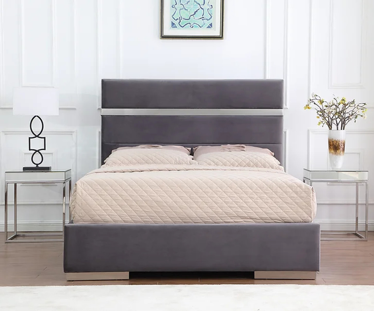 Cartier Gray Platform Bed in Velvet