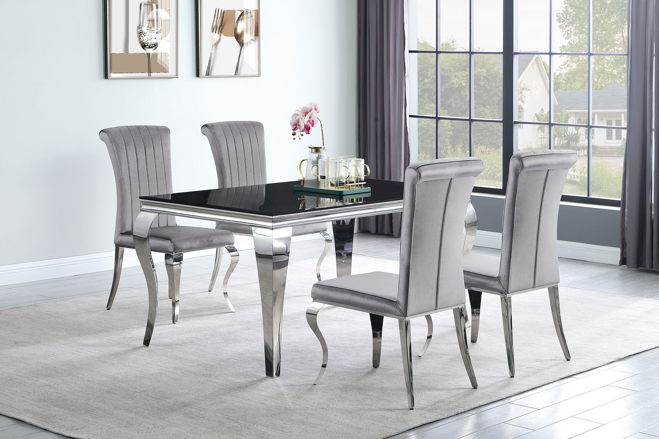 Carone 5-piece 61″ Rectangular Black Glass Dining Set Grey