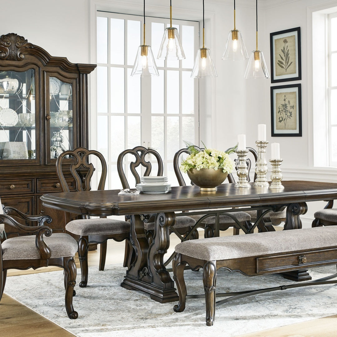 Ashley Maylee – Dark Brown – 11 Pc. – Dining Extension Table, 4 Side Chairs, 2 Arm Chairs, Storage Bench, Buffet And Hutch