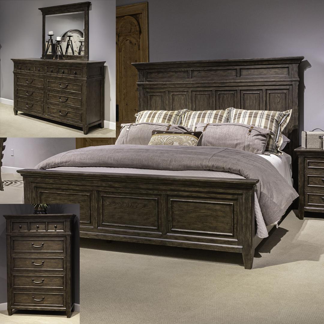 Liberty Furniture Paradise Valley – 4 Piece Bedroom Set (King Panel Bed, Dresser & Mirror, Chest) – Dark Brown