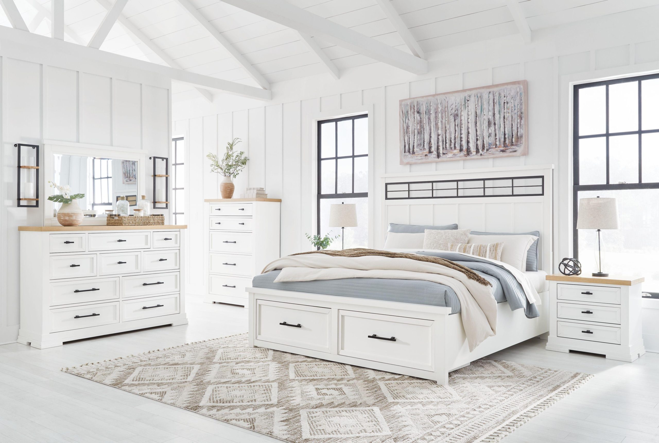 Ashley Ashbryn – White / Natural – 6 Pc. – Dresser, Mirror, Chest, King Panel Storage Bed