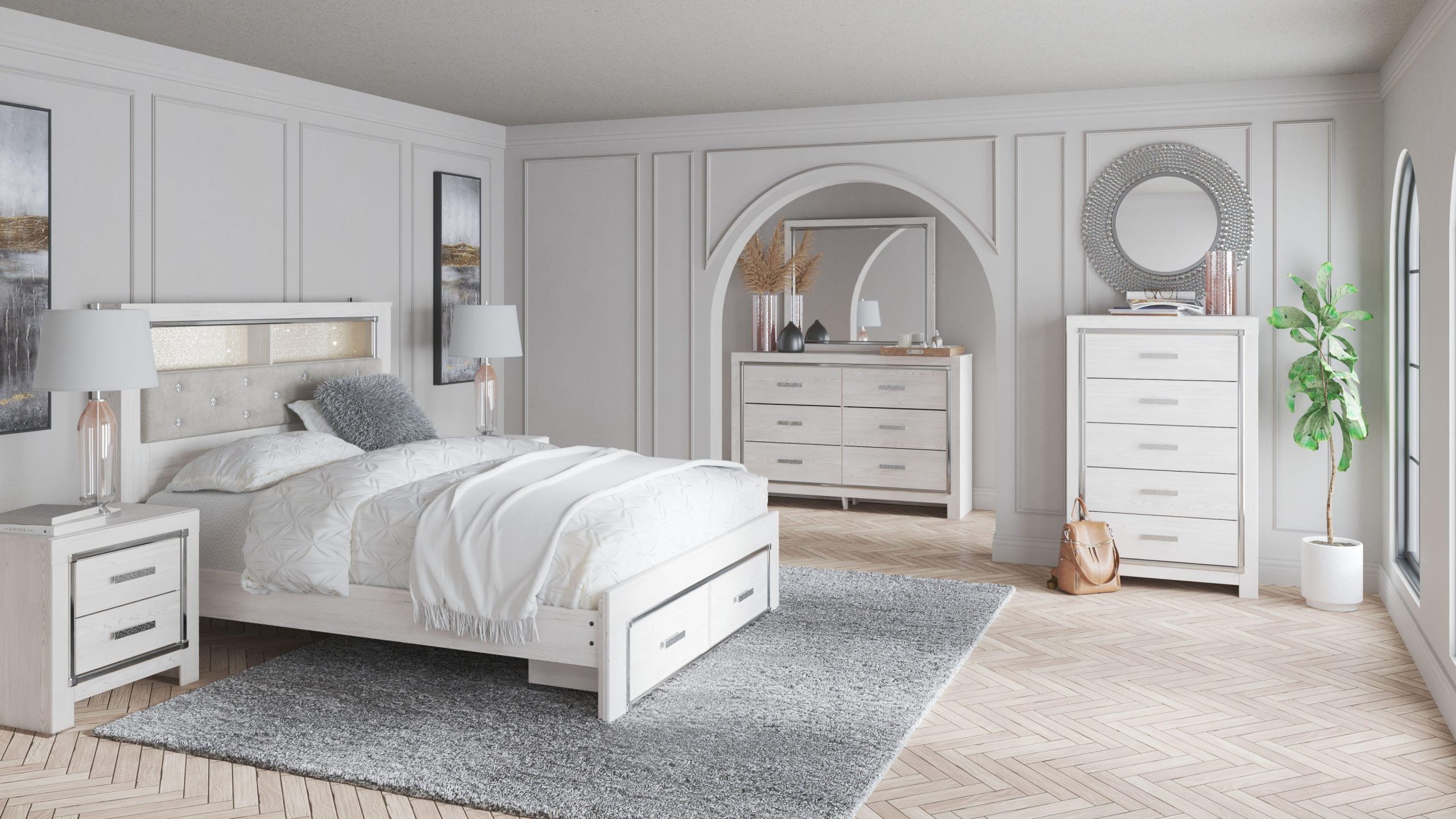 Ashley Altyra – White – King Upholstered Bookcase Bed With Storage – 9 Pc. – Dresser, Mirror, Chest, King Bed, 2 Nightstands