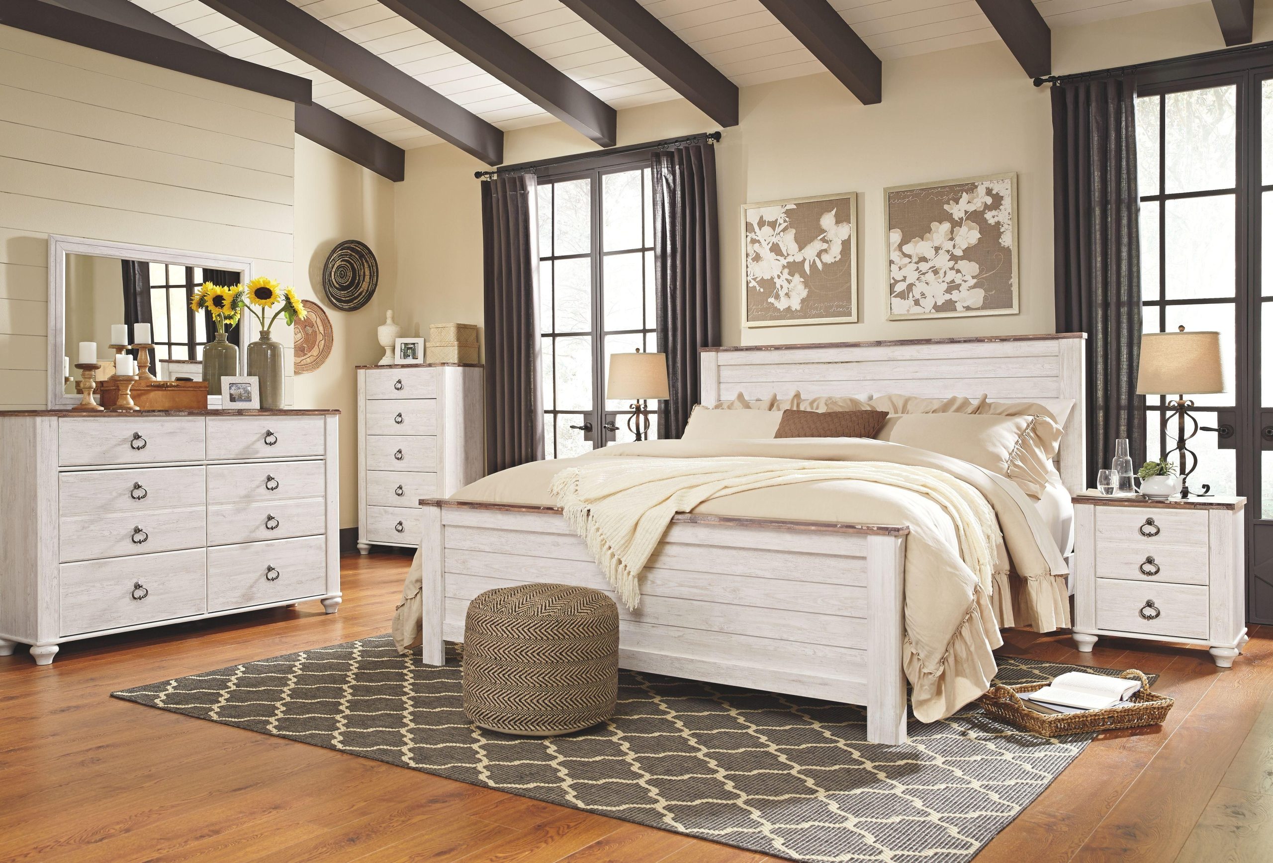 Ashley Willowton – Whitewash – 8 Pc. – Dresser, Mirror, Chest, California King Panel Bed, 2 Nightstands