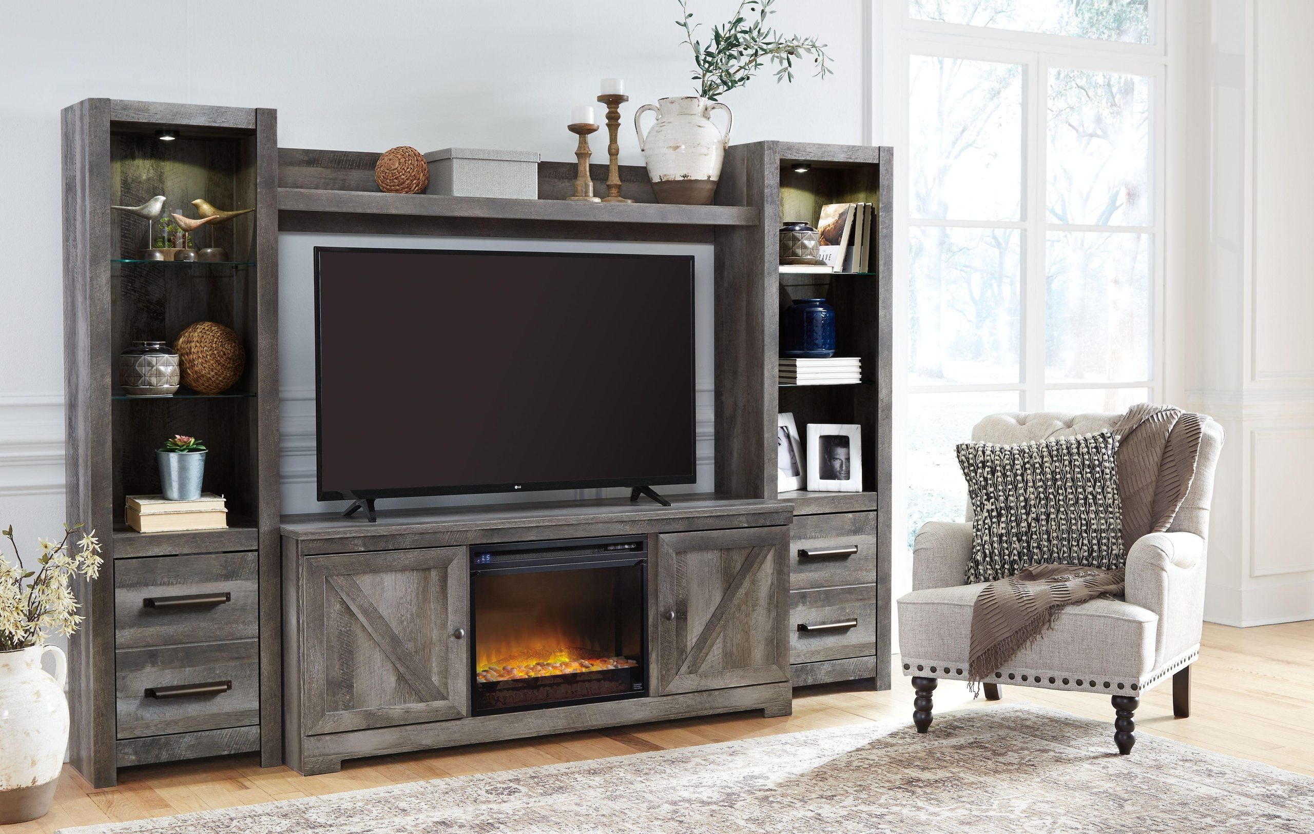 Ashley Wynnlow – Gray – 5 Pc. – Entertainment Center – 63″ TV Stand With Fireplace Insert Glass/Stone