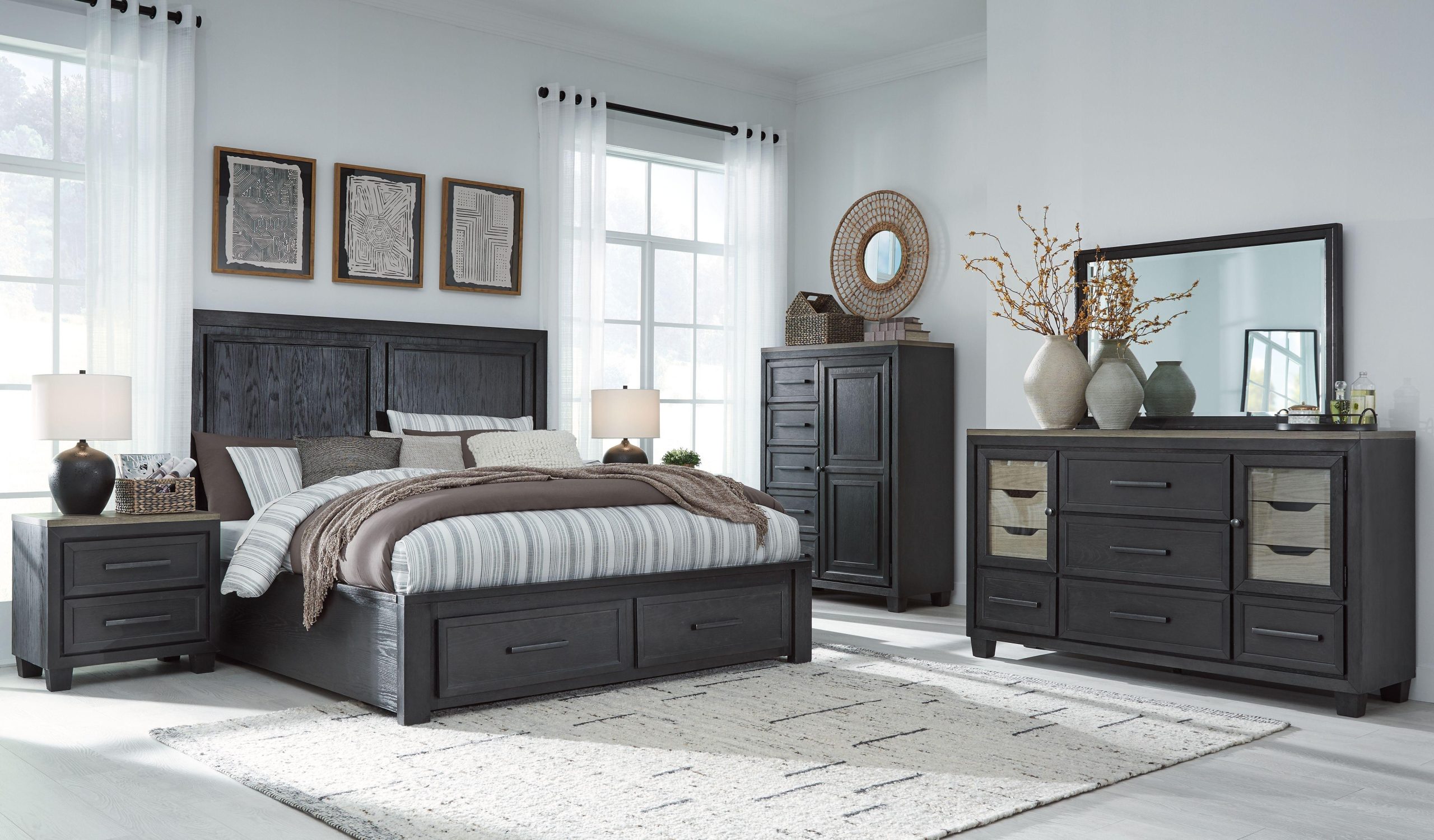 Ashley Foyland – Black / Brown – 8 Pc. – Dresser, Mirror, Door Chest, King Panel Storage Bed, 2 Nightstands